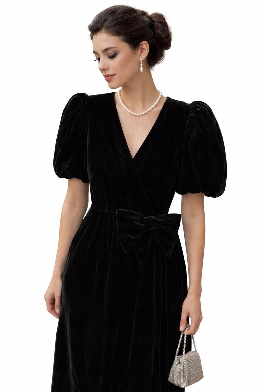 Vintage Talbots Albert Nipon Dress Velvet Puff Sleeve Bow Party Made USA Size 13